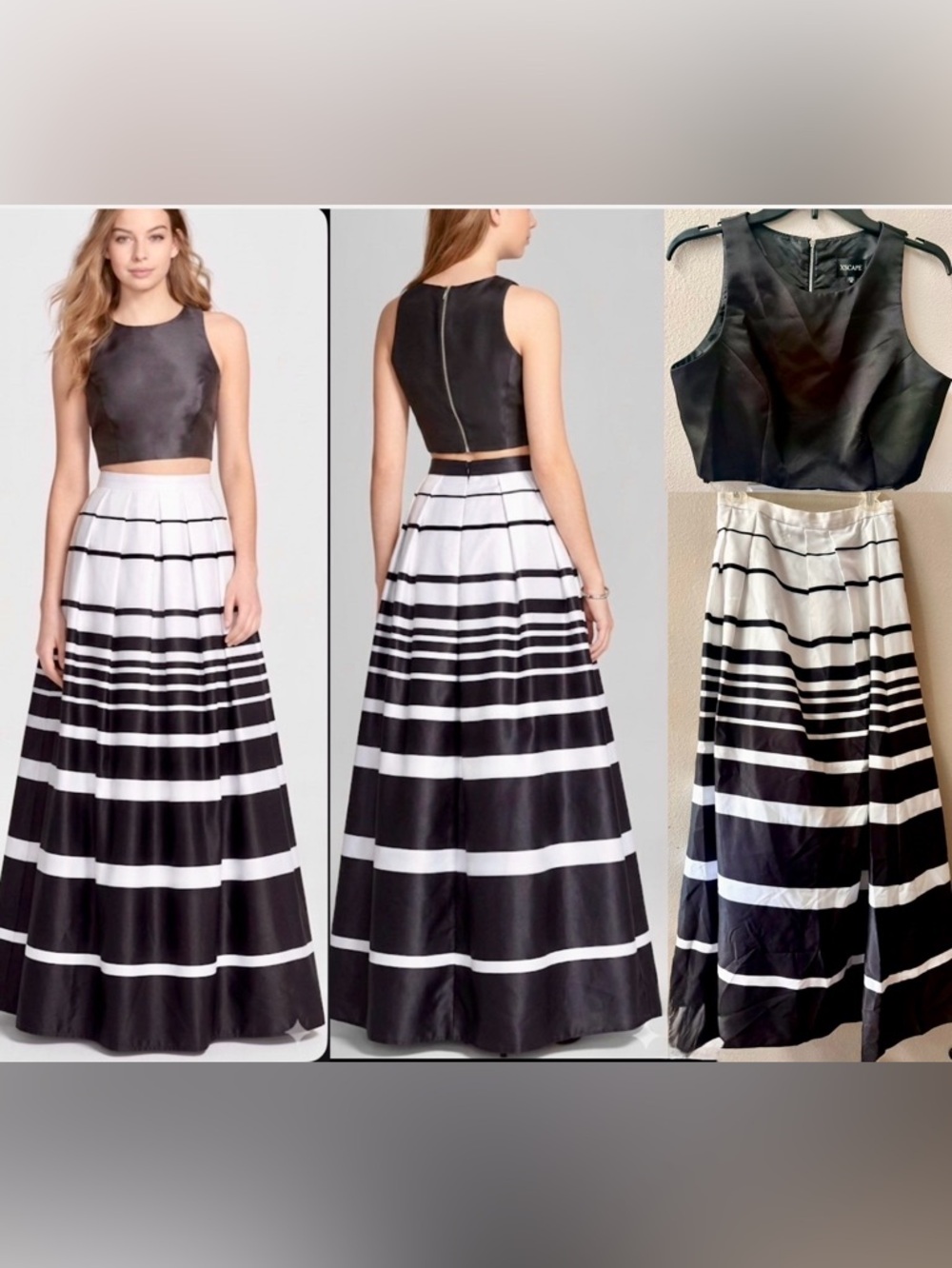 Xscape 2pc. Ball Gown Black Satin Crop Top & Striped Maxi Skirt Sz.10